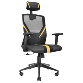 SILLA ERGONOMICA MARS GAMING MGC-ERGO NEGRA CON DETALLES EN AMARILLO RESPALDO EN MALLA TRANSPIRABLE AJUSTE LUMBAR-CERVICAL-REPOSABRAZOS